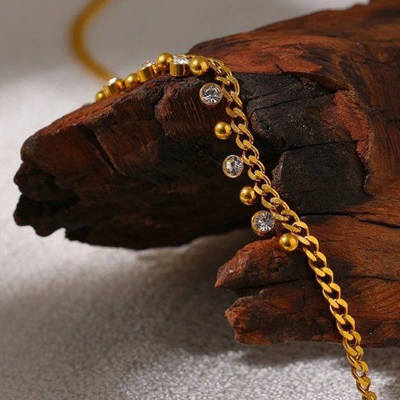 NEW 18K Gold Plated Diamond Drop Bead Link Chain Necklace - Picture 7 of 7